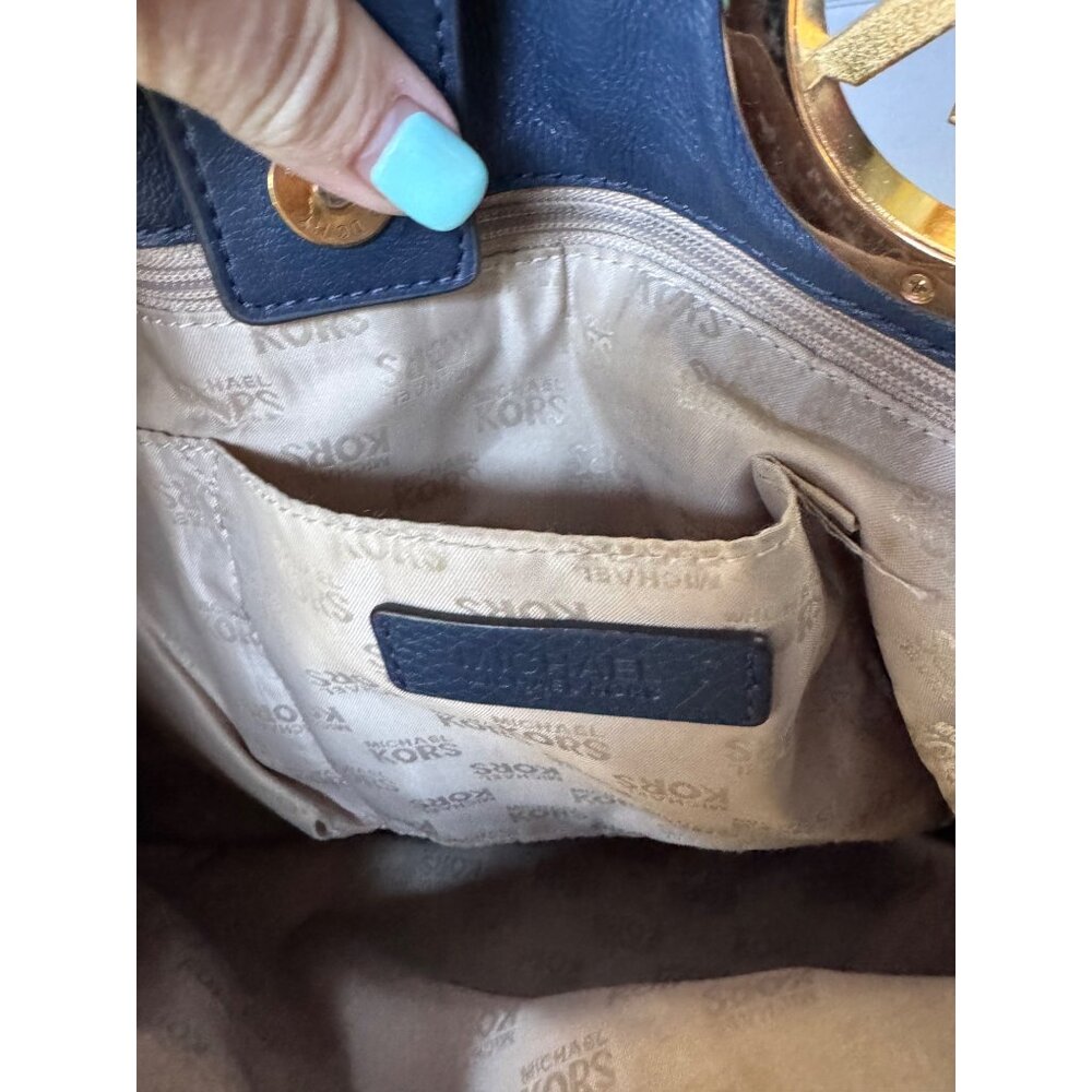 Michael Kors large navy blue pebbled leather tote shoulder bag MK logo gold hard - Picture 7 of 9